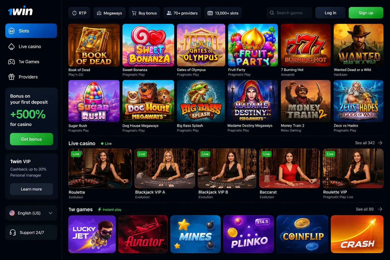 1win casino lobby with slots, live tables and instant games