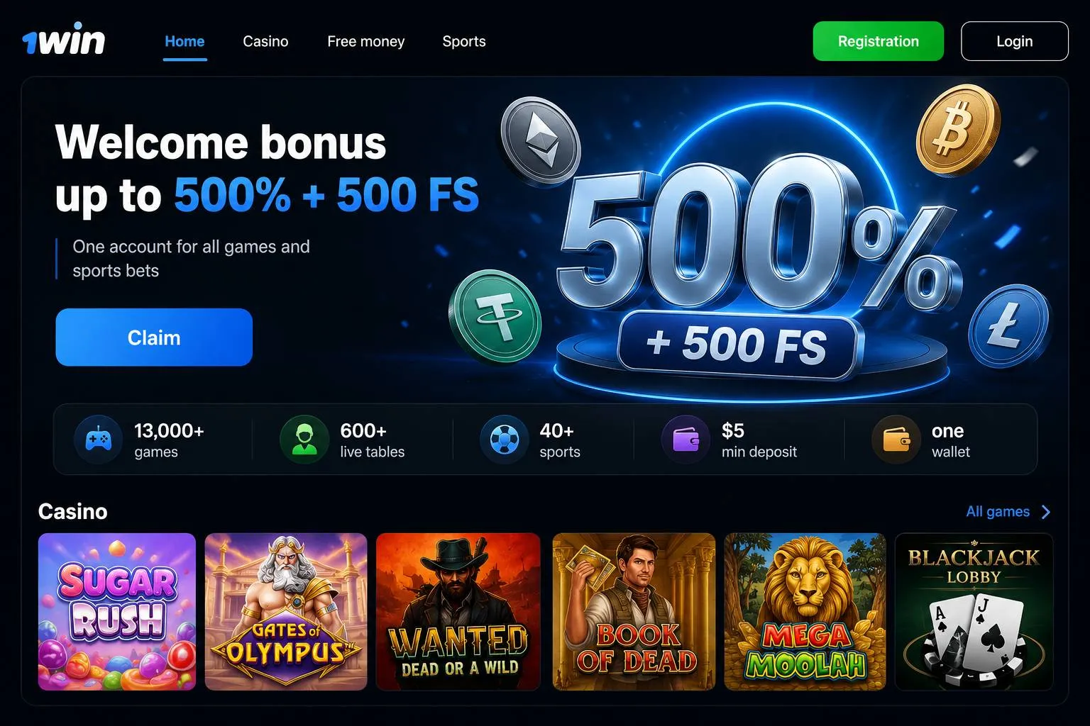 1win platform homepage with casino and sports betting in one account