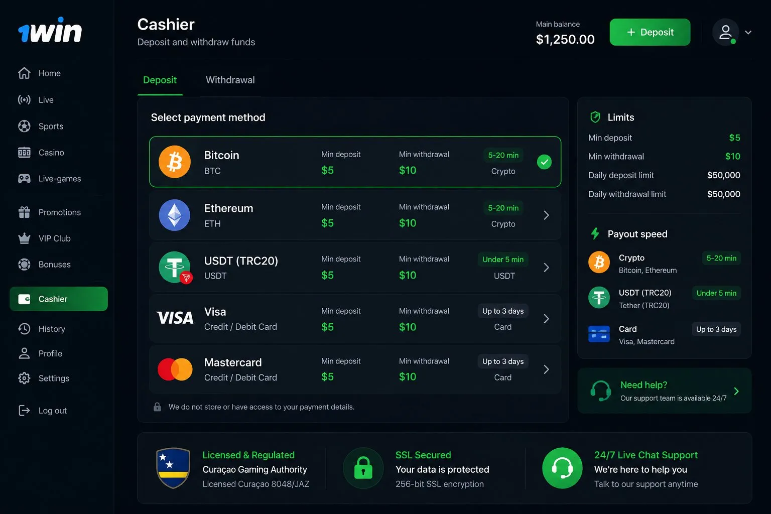 1win payments and Curaçao licensing with crypto and card methods