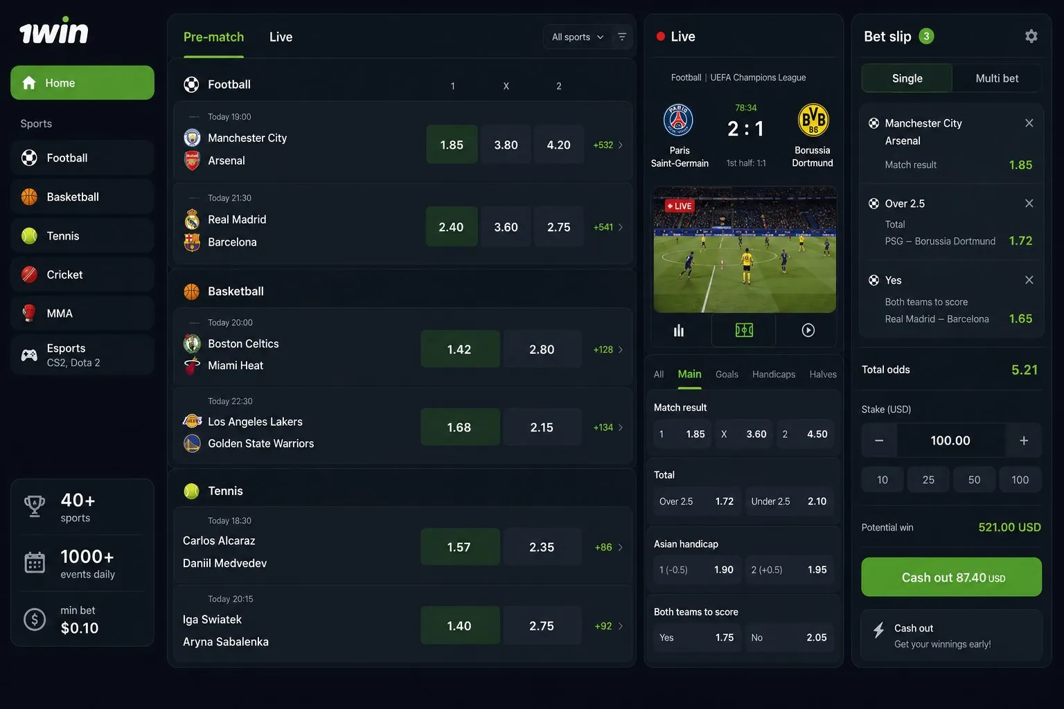 1win bet sportsbook with pre-match and live markets